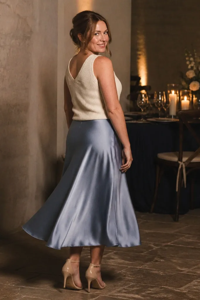 Dusty powder blue satin midi skirt with an ivory knit top and cream belt