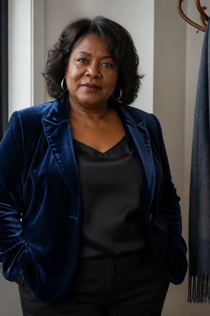 Deep blue velvet blazer over a black camisole with dark trousers