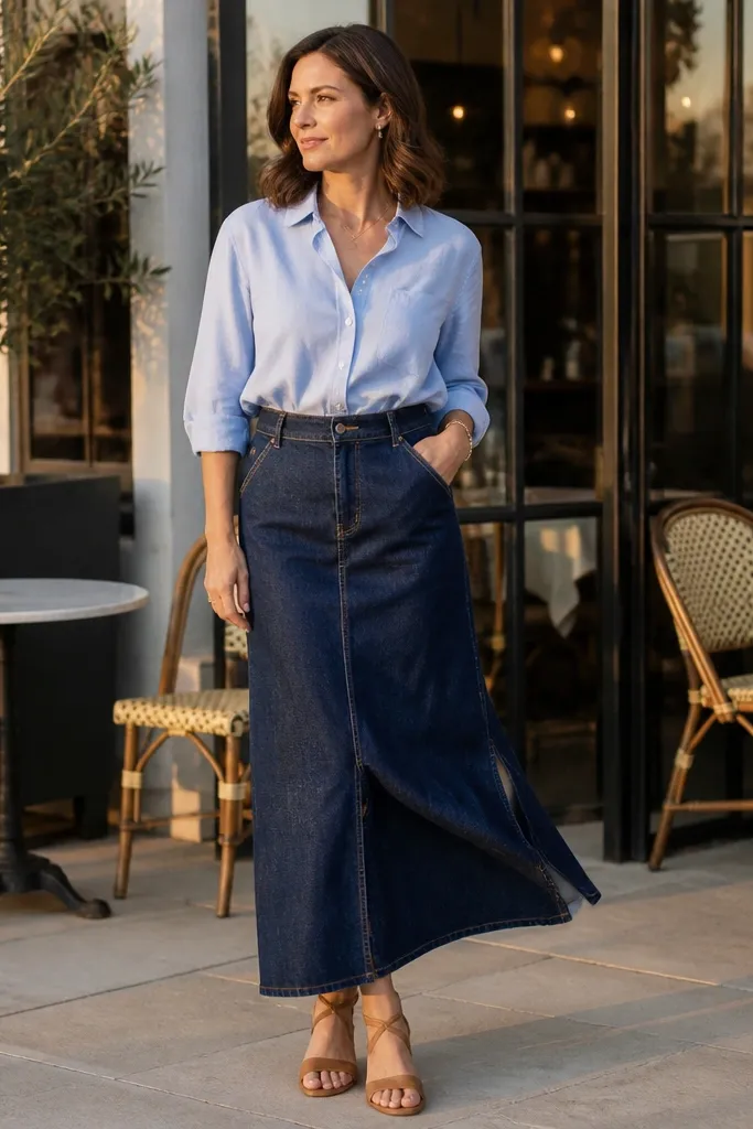 Navy denim midi skirt with a light-blue blouse and tan crossbody bag