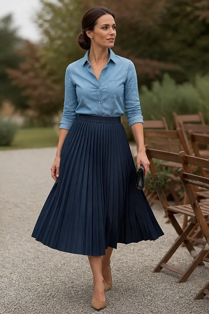 Navy pleated midi skirt with a light chambray shirt and ballet flats
