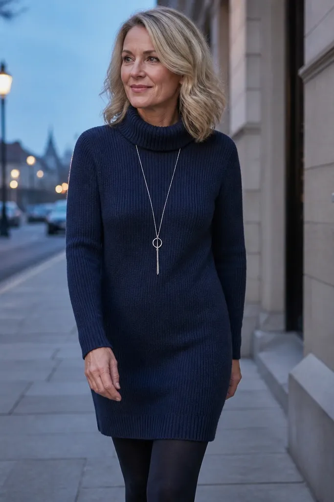 Indigo sweater dress with a long silver necklace and dark tights