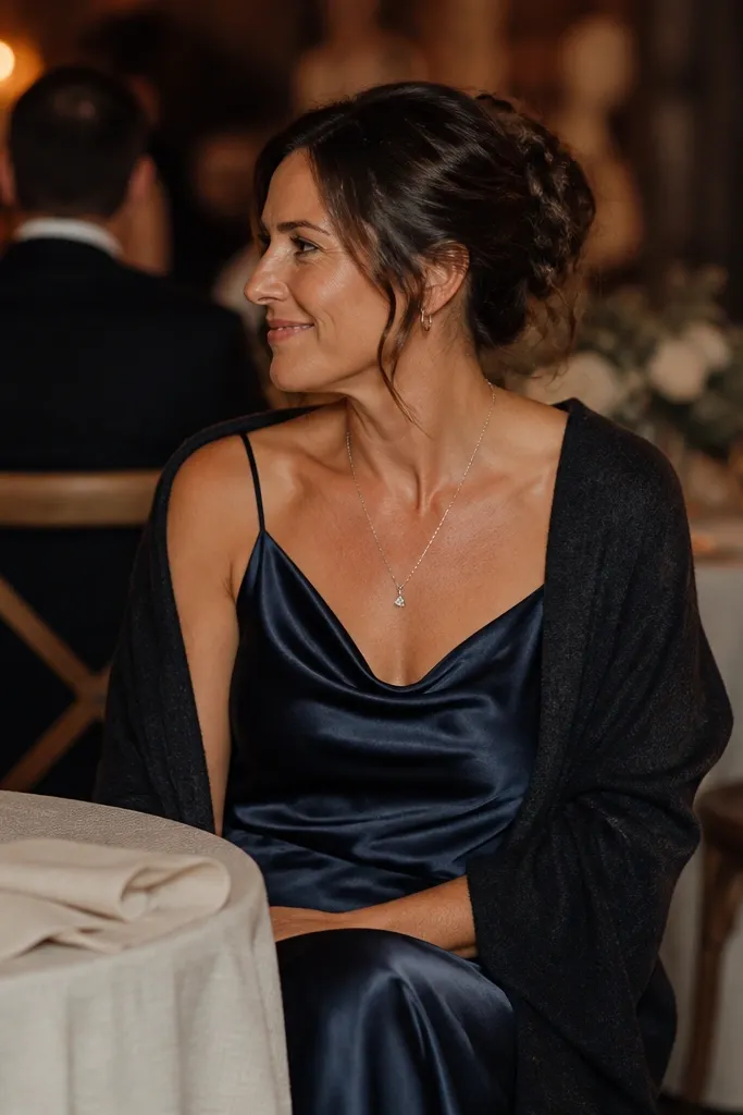 Navy satin slip dress with a soft cardigan wrap and strappy heels