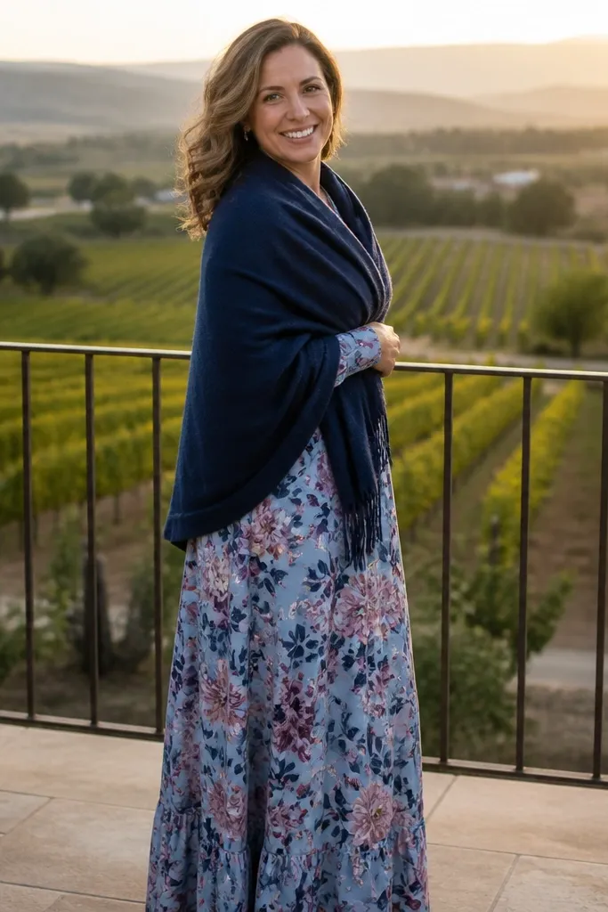Blue floral maxi dress with a deep navy shawl and nude heels