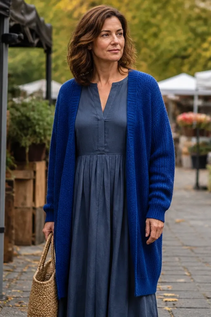Cobalt knit cardigan over a slate blue dress with tan accessories