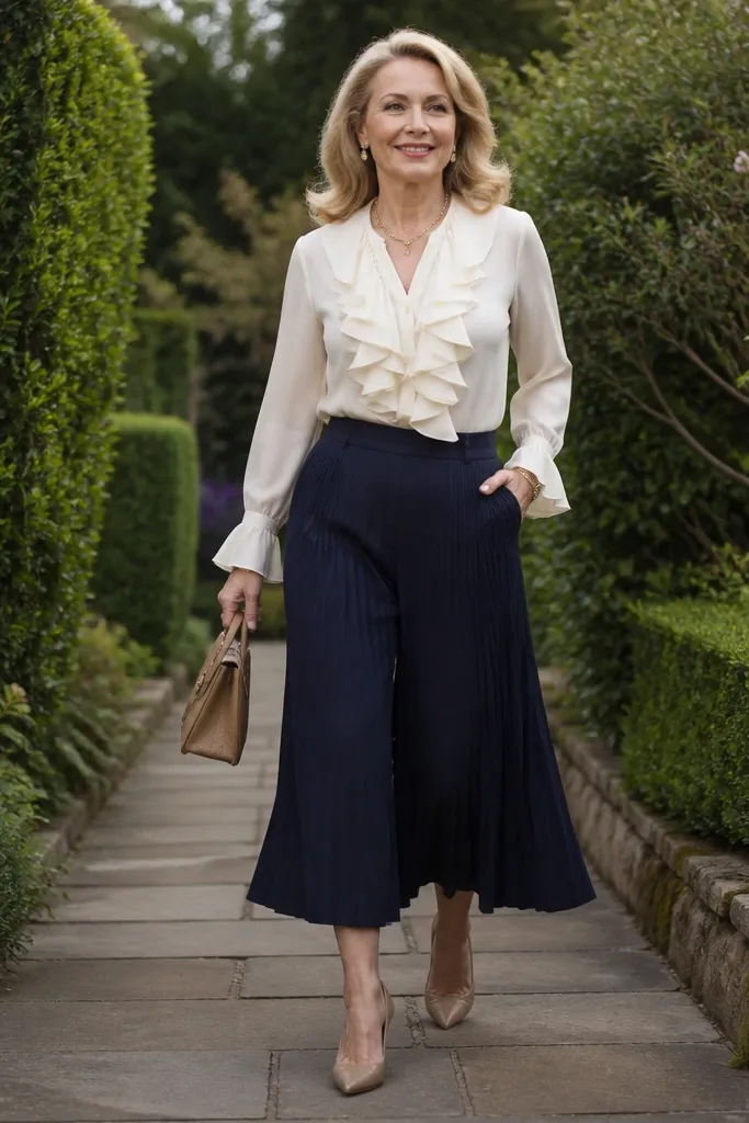 Navy pleated culottes with a cream ruffle blouse and low heels