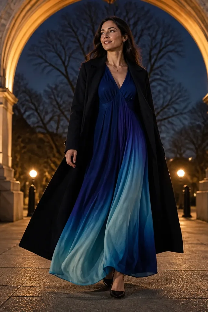 Blue ombre maxi dress with a long black coat and black ankle boots