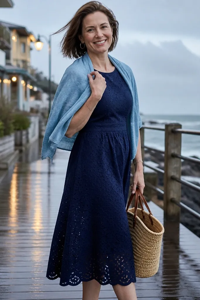 Navy eyelet midi dress with a light chambray shrug and nude sandals