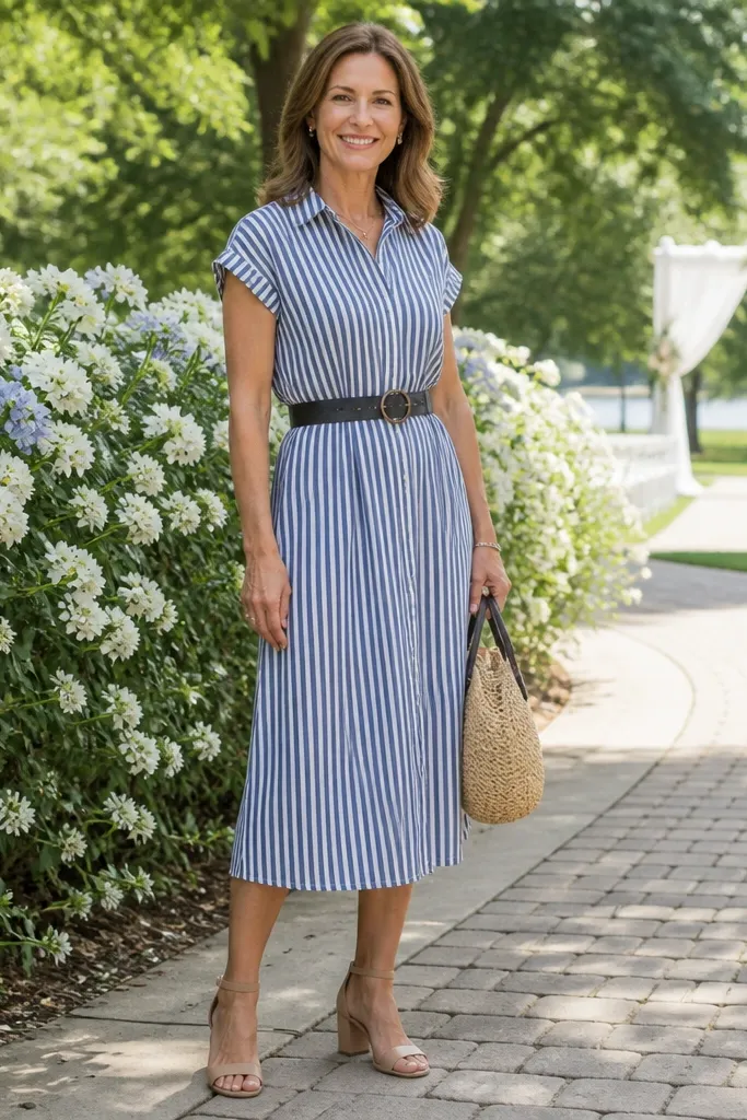 Blue and cream striped shirt dress with a dark belt and brown boots