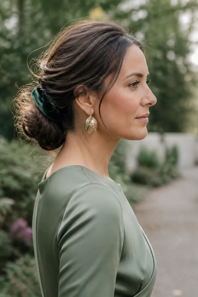 Low bun with pinched sections and tiny looped strands around the base