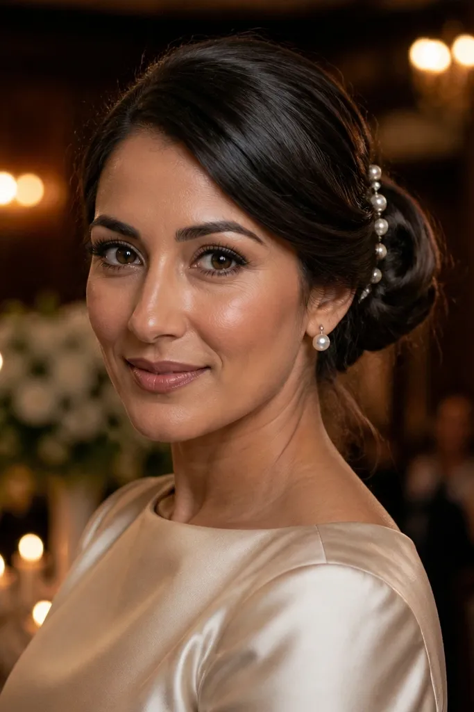 Twisted low bun with a line of pearl pins along the side