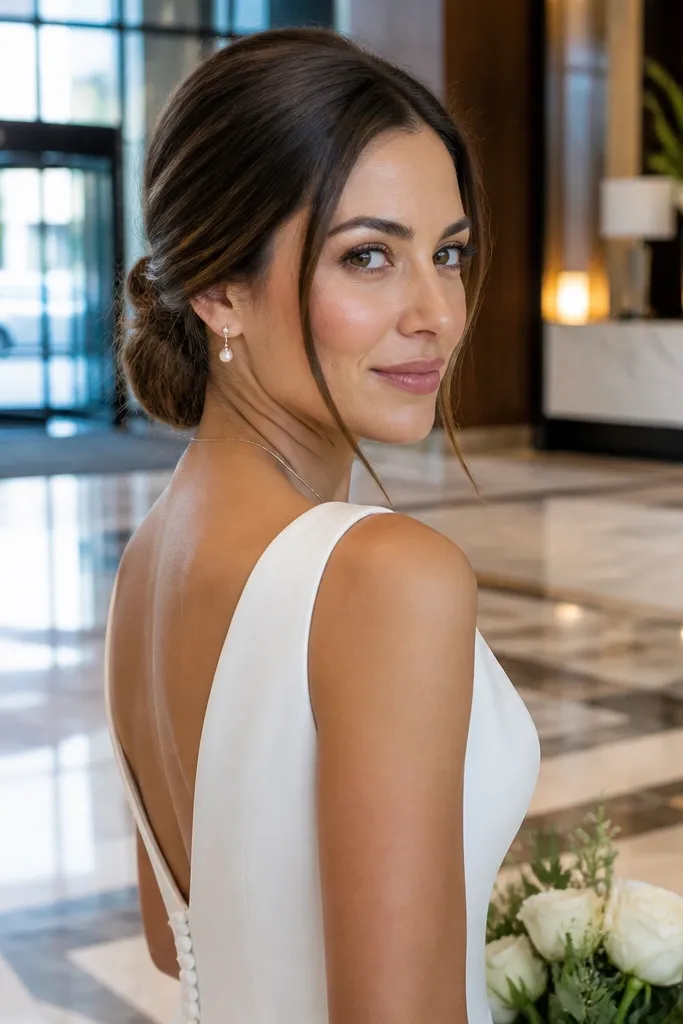 Sleek low bun with a few loose wrap ends at the back