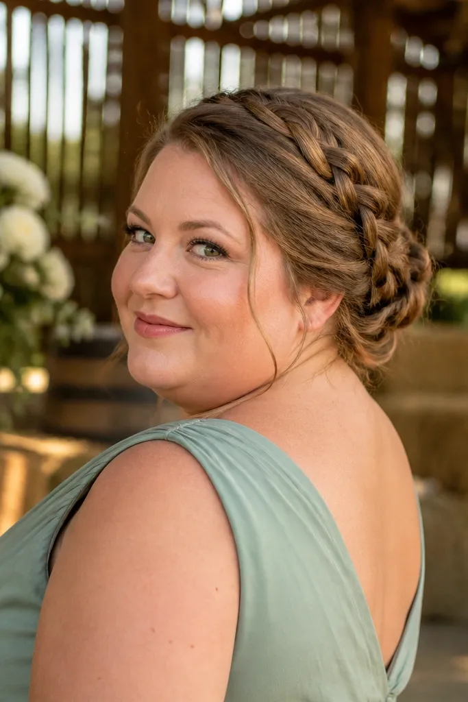 Braided low bun with a few loose tendrils around the face and neck