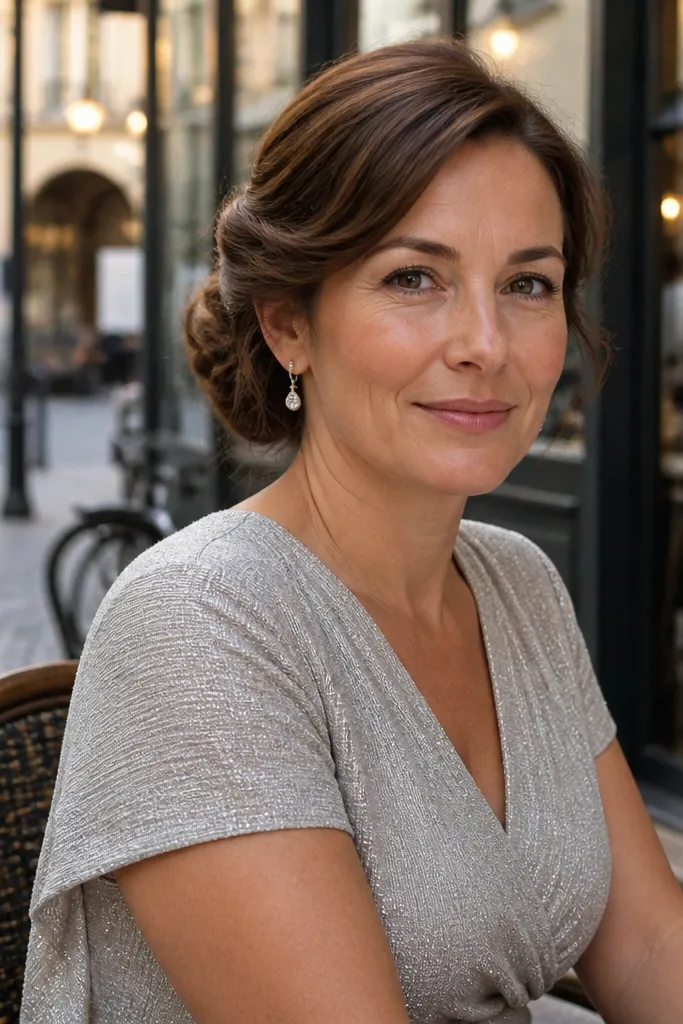 Loose low bun with curled under ends and a soft side sweep