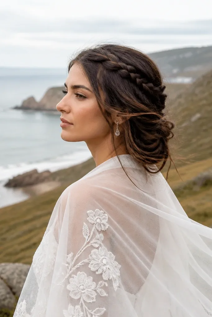 Loose low bun with a small waterfall braid accent along the side