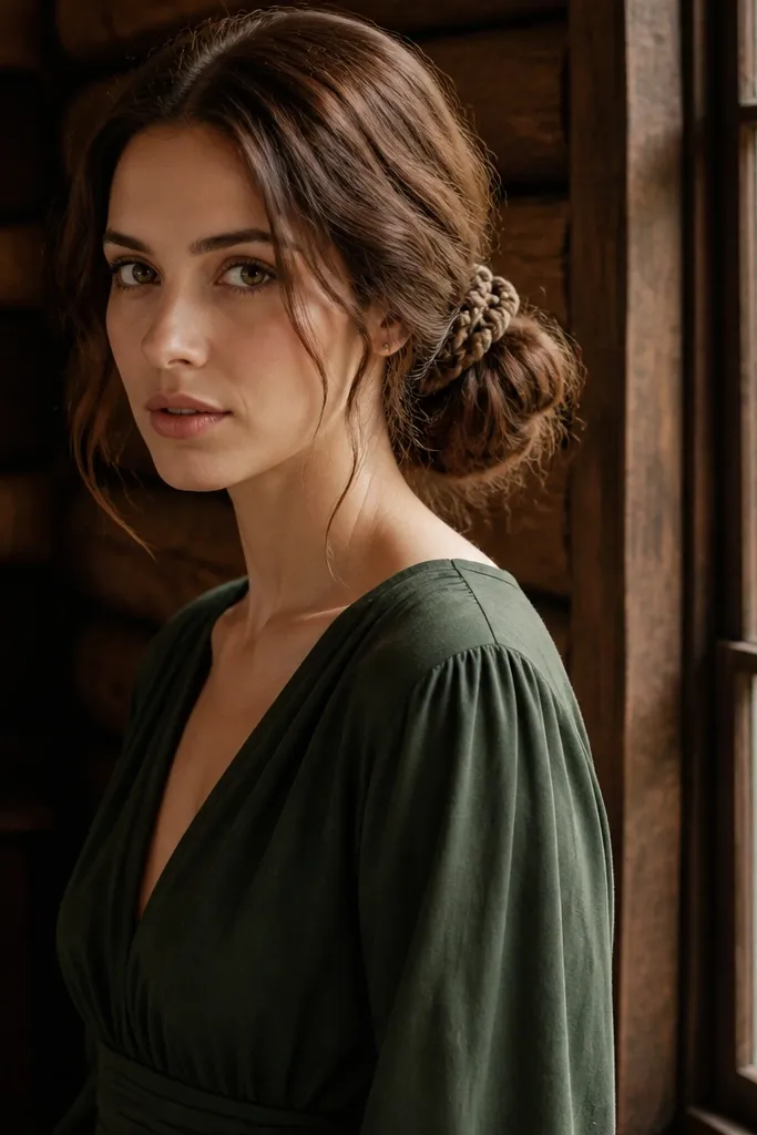 Loose low bun with a knotted rope center detail