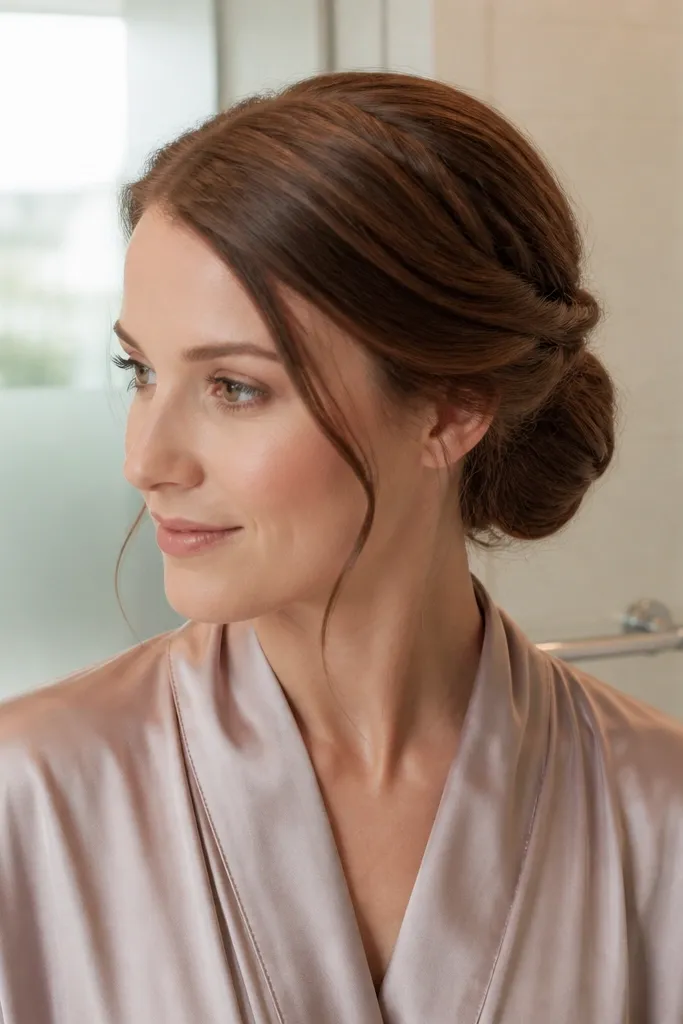 Loose low bun with subtle braided crown detail under a clip