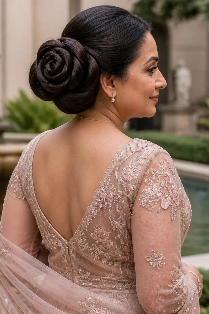 Loose low bun with a rose-like spiral of loops at the back
