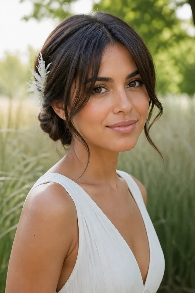 Loose low bun with feathered front pieces clipped back softly