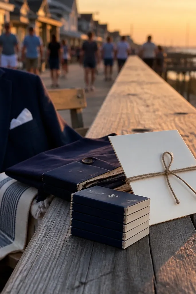 Navy blazers, cream shirts, and brown leather card holders with matchbooks