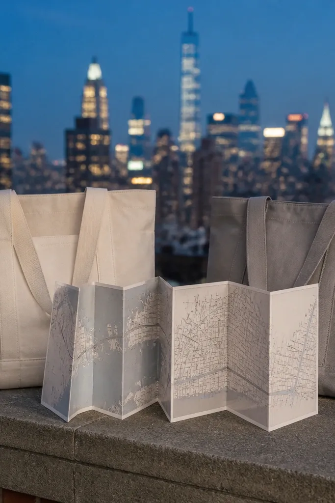 Charcoal trousers, off-white shirts, and tote bags holding folded map cards