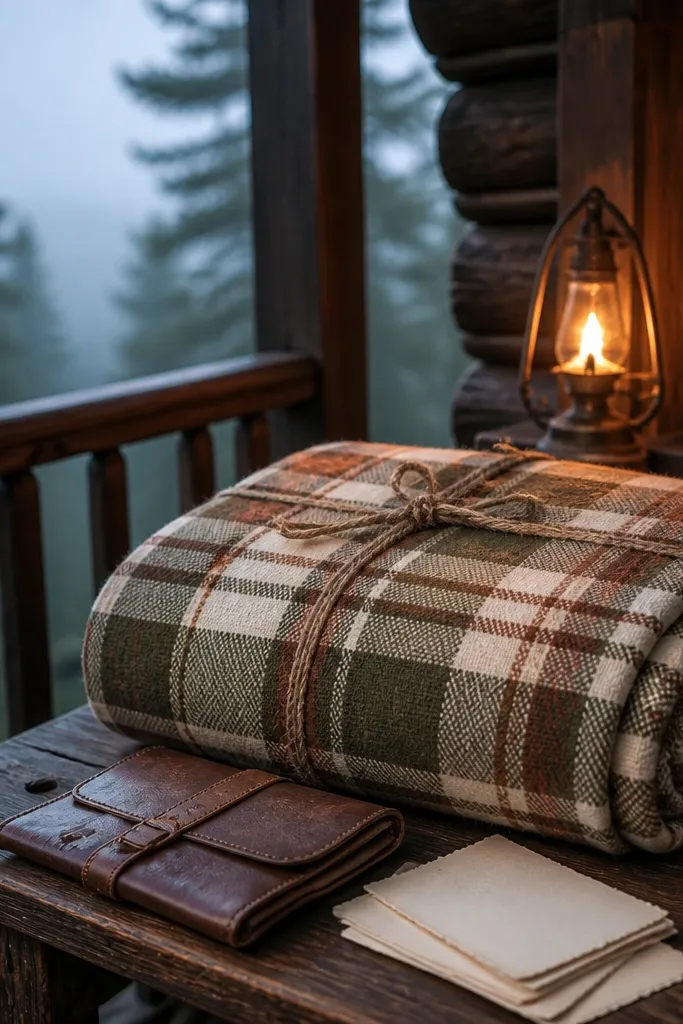 Olive sweaters and plaid scarves beside a folded blanket with ribbon