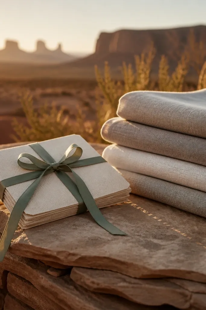 Sand linen shirts, cream trousers, and cards tied with tan ribbon