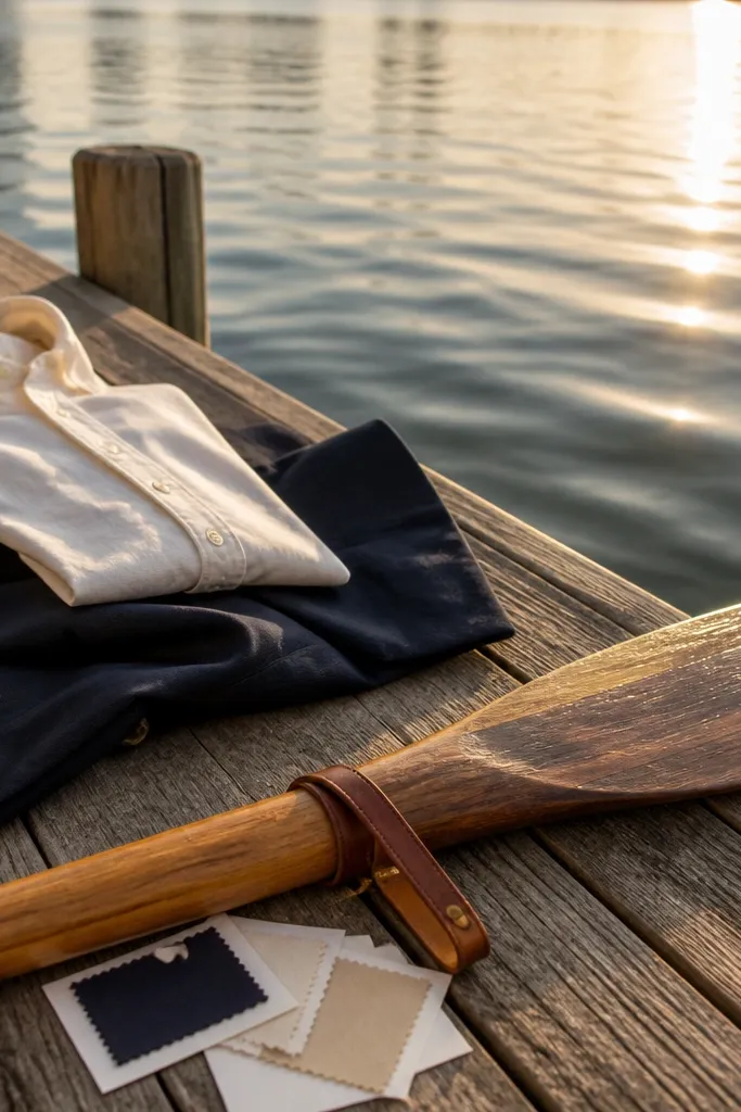 Navy and cream outfits holding a wooden oar with rope accents