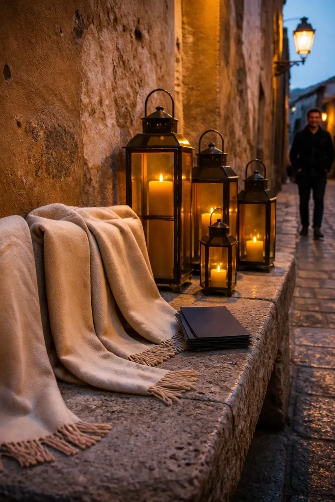 Dark coats and cream scarves next to lanterns with matching ribbon