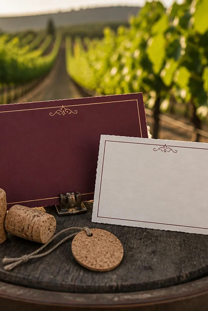 Cream button-downs, burgundy ties, and tasting cards with cork seals