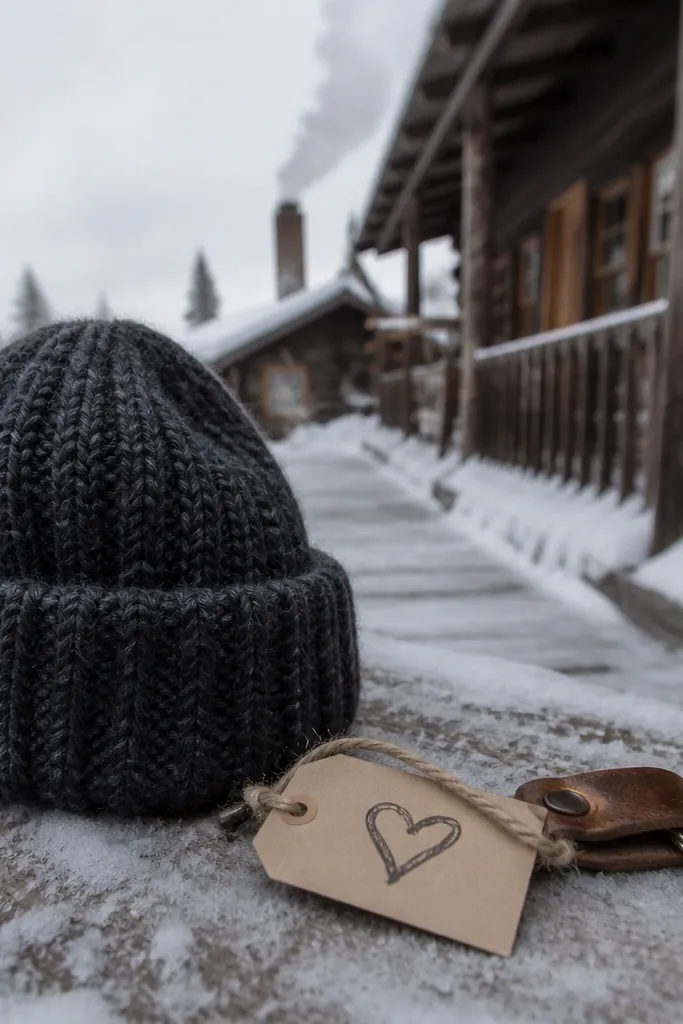 Wool hats, grey coats, and handwritten tags tied to small gift boxes
