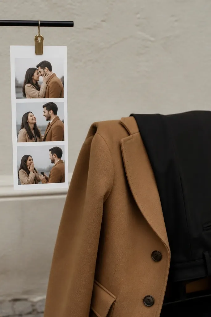Black trousers, white tees, and proposal cards styled like strips