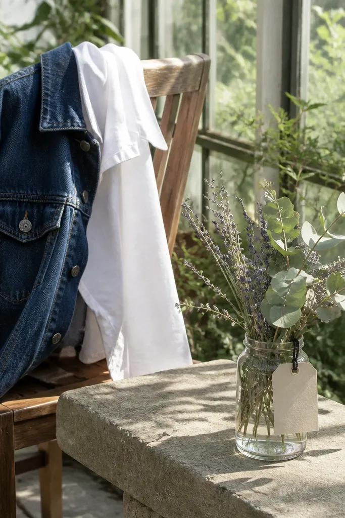 Dark denim, white shirts, and botanical tags tied to small gift jars
