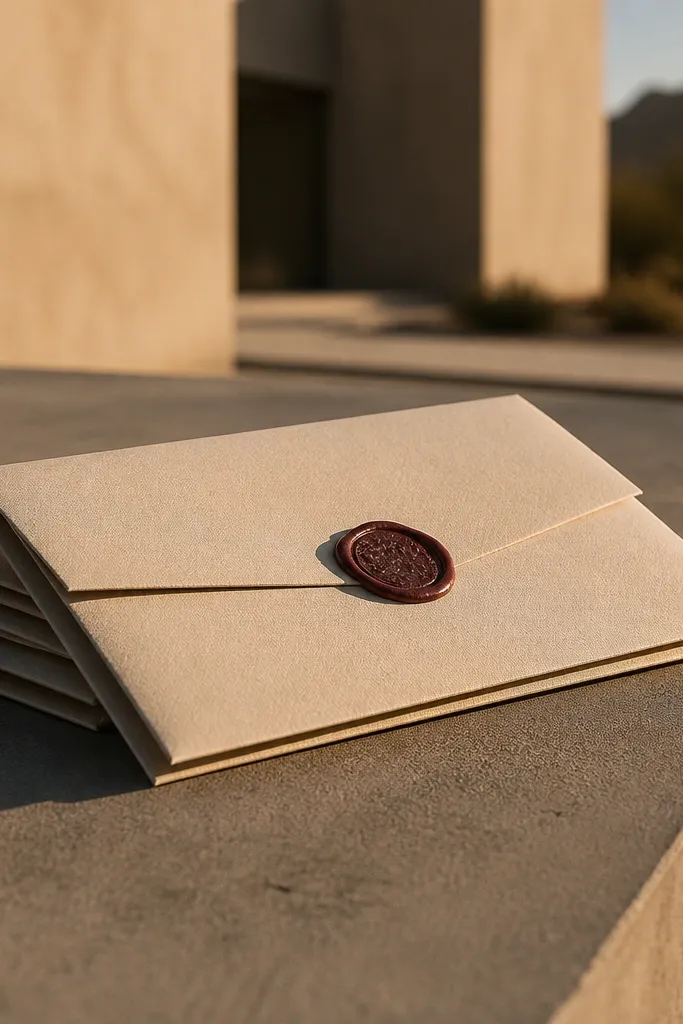 Monochrome beige linen shirts and wax-sealed envelopes held in a group