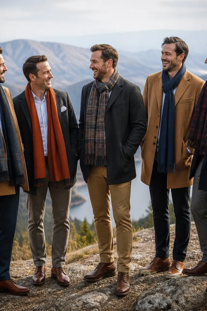 Wool scarves in rust and cream layered over navy jackets at a mountain overlook