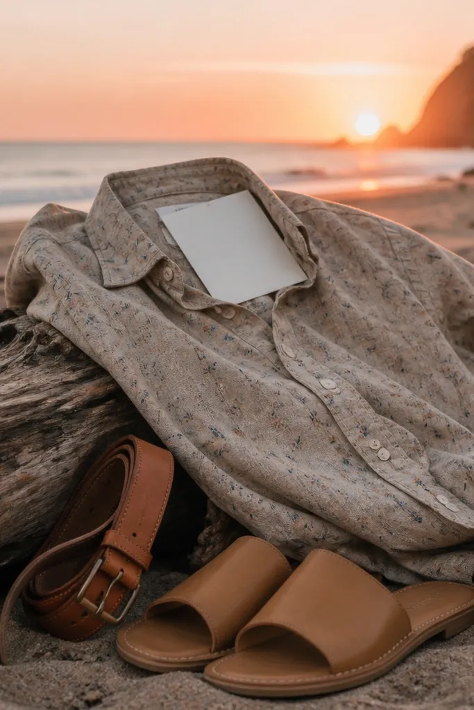 Light linen shirts with subtle prints and brown leather belts at the shoreline