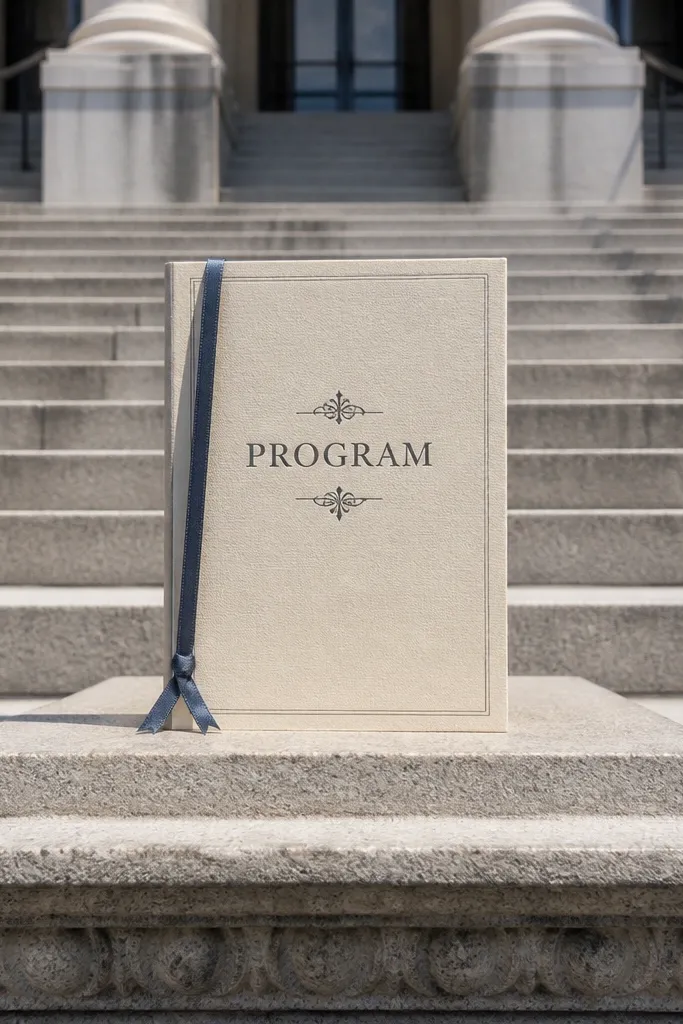 Grey suits with cream shirts holding small program booklets on stone steps