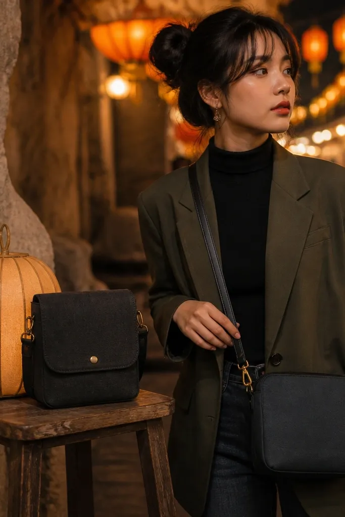 Olive jackets and crossbody bags holding lantern-shaped cards