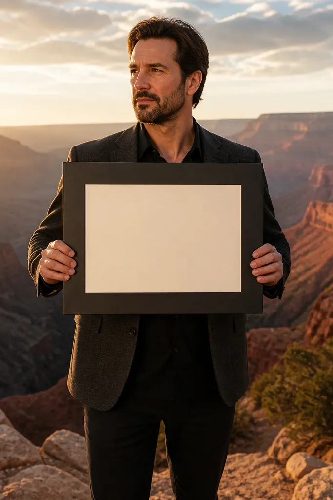 Charcoal jackets, cream shirts, and framed cards held at chest level at a canyon