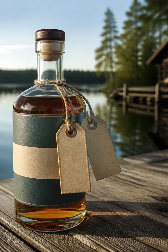 Navy shirts and rolled sleeves holding small bottles with rope tags and labels