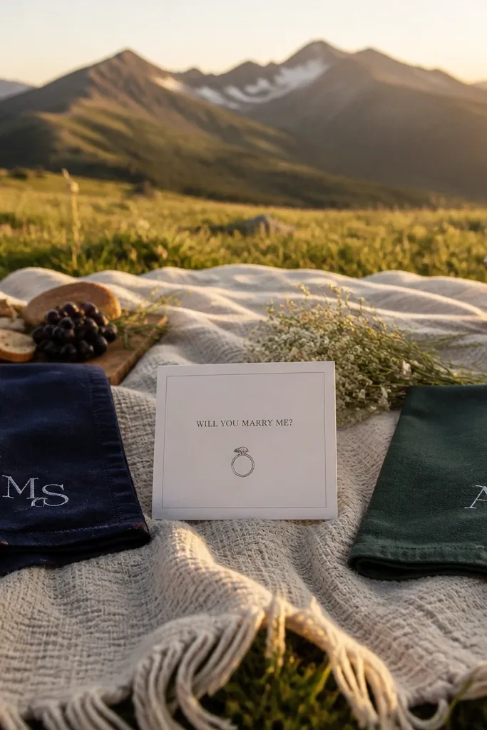 Cream sweaters, navy trousers, and a picnic blanket with monogram napkins