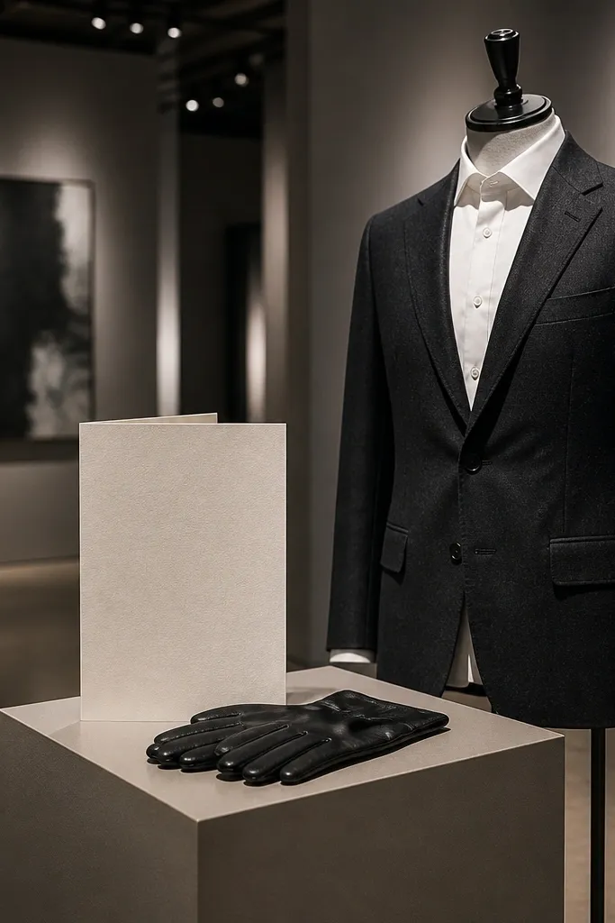 Navy suits, cream shirts, and invitation cards held with white gloves