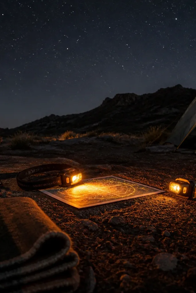 Olive jackets, headlamps with red light, and a star map card on a clipboard