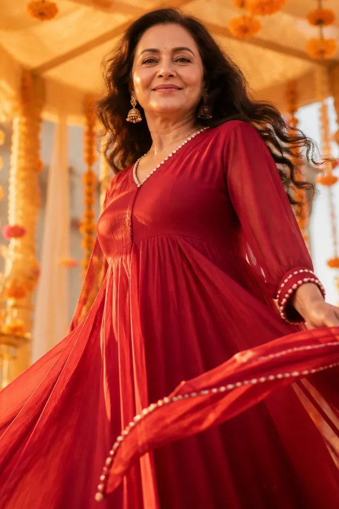 Maroon georgette anarkali with pearl trim at the neckline and cuffs