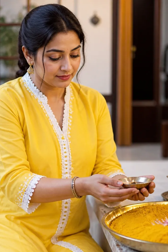 Sunflower yellow cotton kurta with white crochet trim on the hem and sleeves