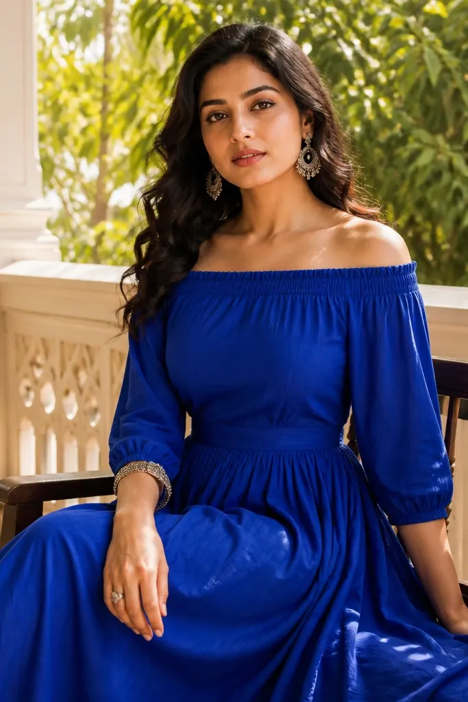 Royal blue off-shoulder kurti with a gathered skirt and light embroidery