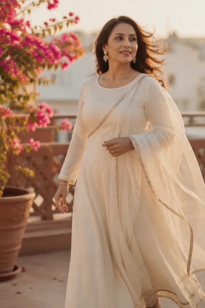 Ivory chiffon maxi dress with a gold thread border at the hem