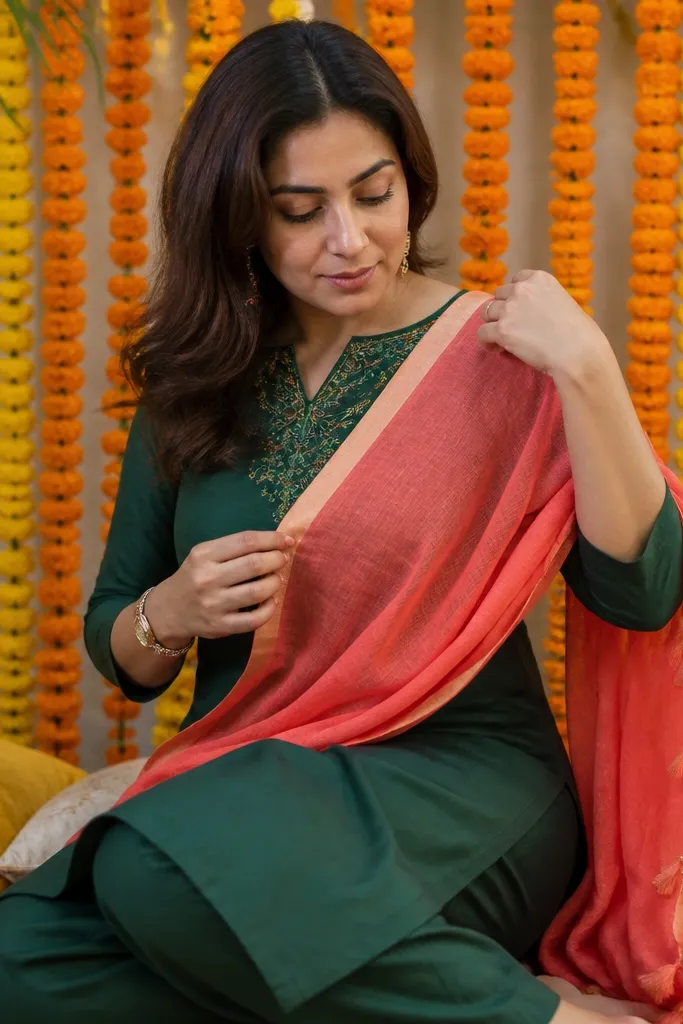 Emerald green kurta set with contrast dupatta in warm coral