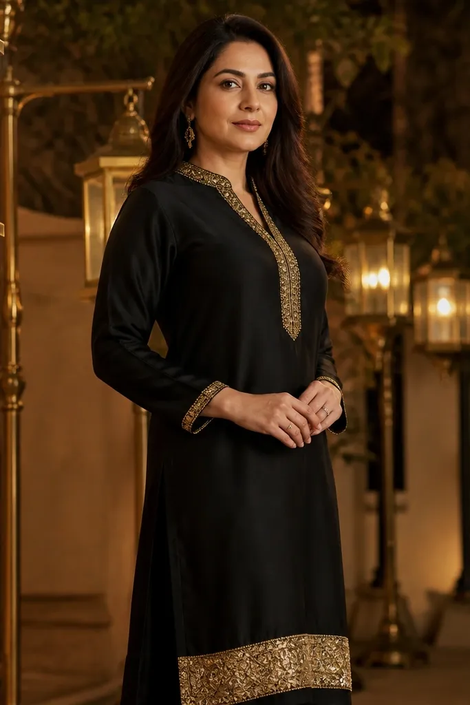 Black kurta with gold sequin border on neckline and hem
