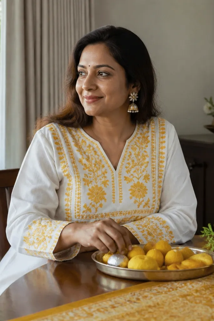 White cotton kurta with mustard yellow embroidery at the chest and sleeves