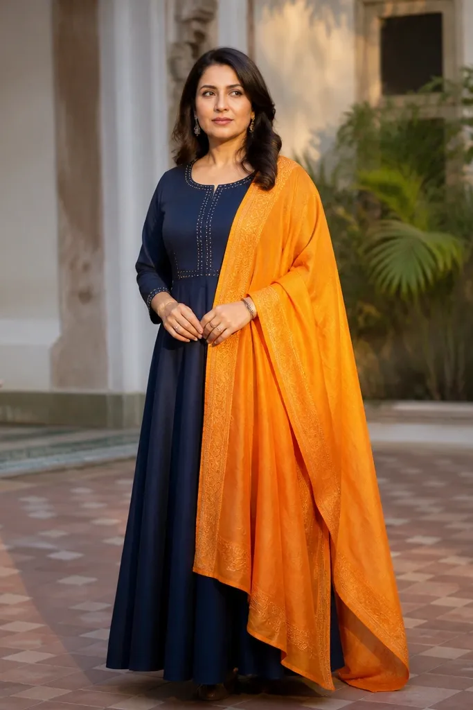 Navy maxi dress with a saffron orange dupatta draped over one shoulder